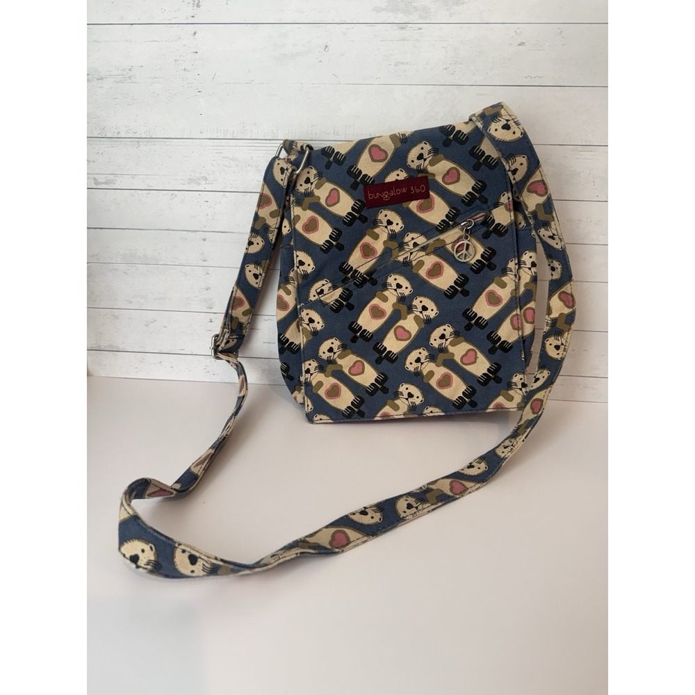 Bungalow 360 Sea Otter Crossbody Bag Blue Pink Canvas Messenger Purse 10" x 9"